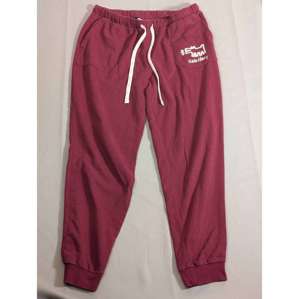 Keith Haring Burgundy Jogger Pants Men's Small Graphic Logo Drawstring Casual  D